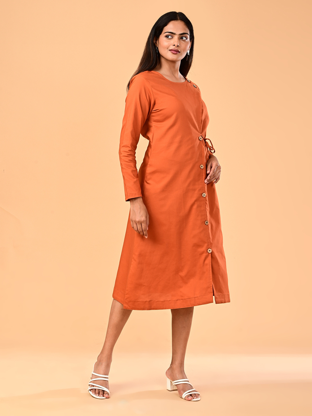 Women’s Burnt Orange Long-Sleeve Tie-Waist Midi Dress