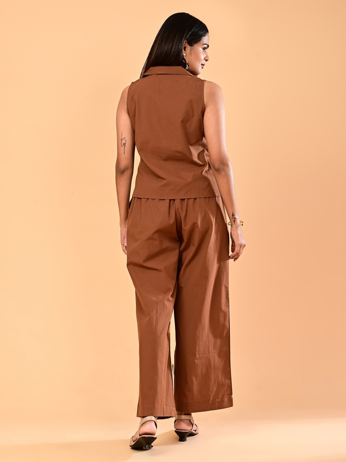 Women’s Cinnamon Brown Collared Sleeveless Co-ord Set