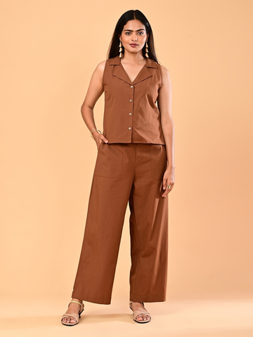 Women’s Cinnamon Brown Collared Sleeveless Co-ord Set