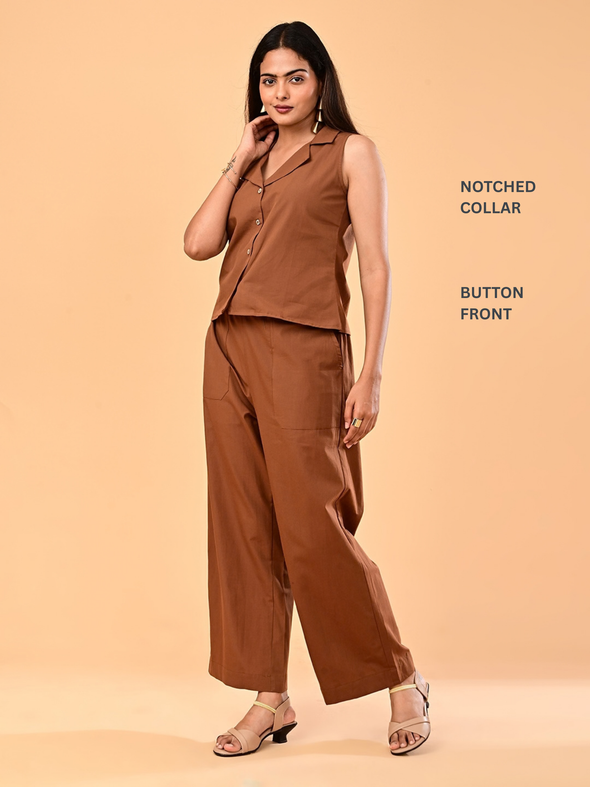 Women’s Cinnamon Brown Collared Sleeveless Co-ord Set