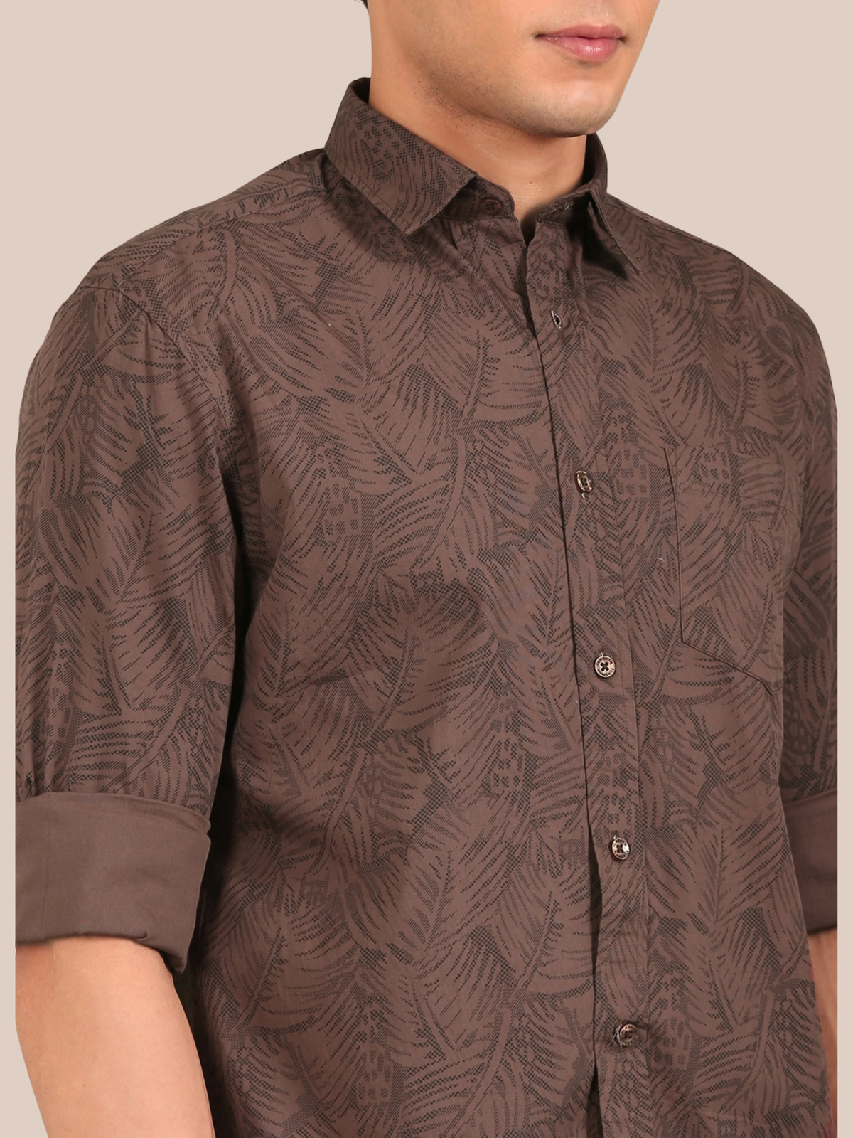 Cotton Leaf Print Shirt: Cocoa Brown