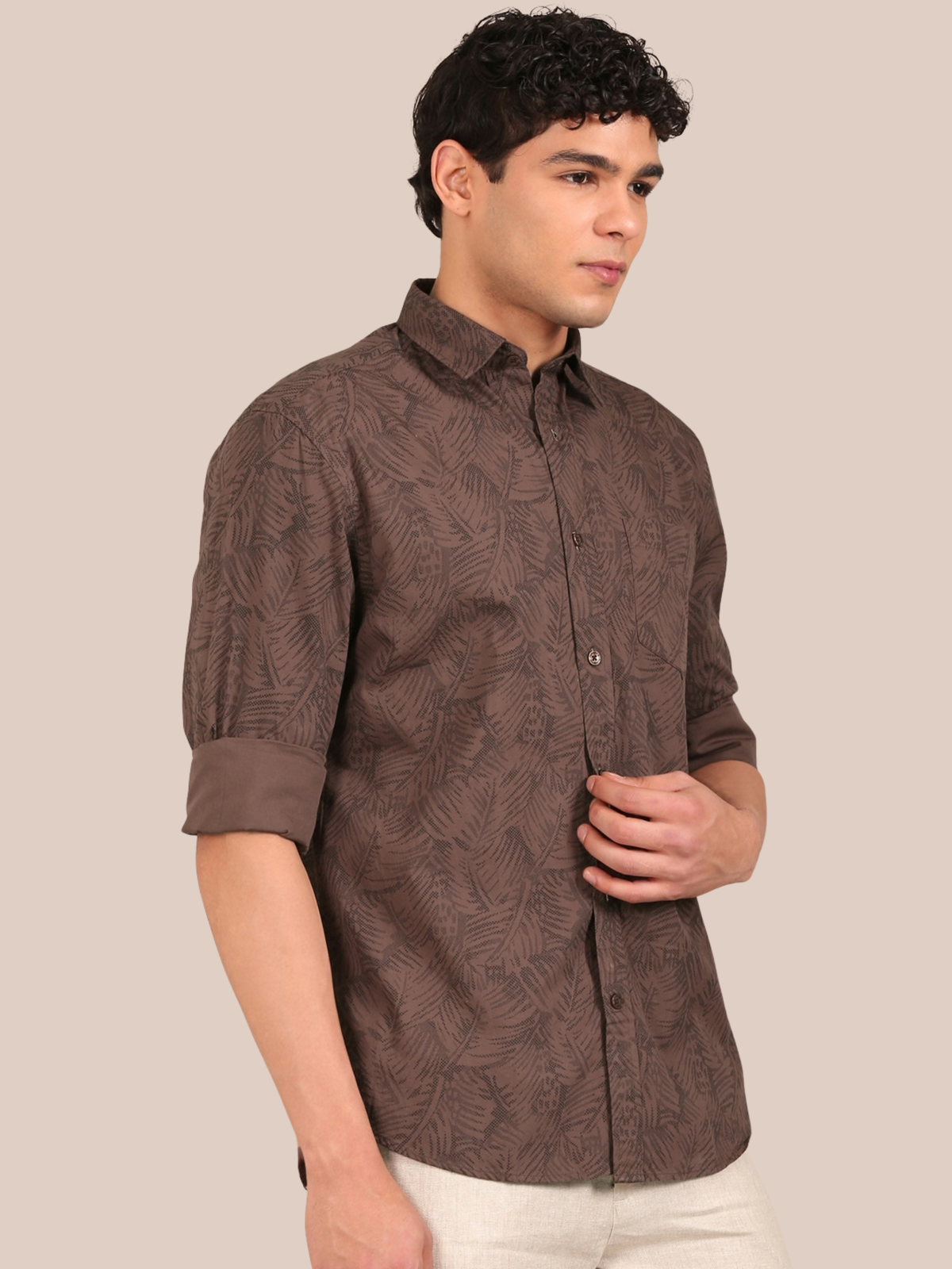 Cotton Leaf Print Shirt: Cocoa Brown