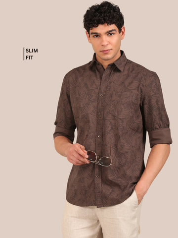 Cotton Leaf Print Shirt: Cocoa Brown
