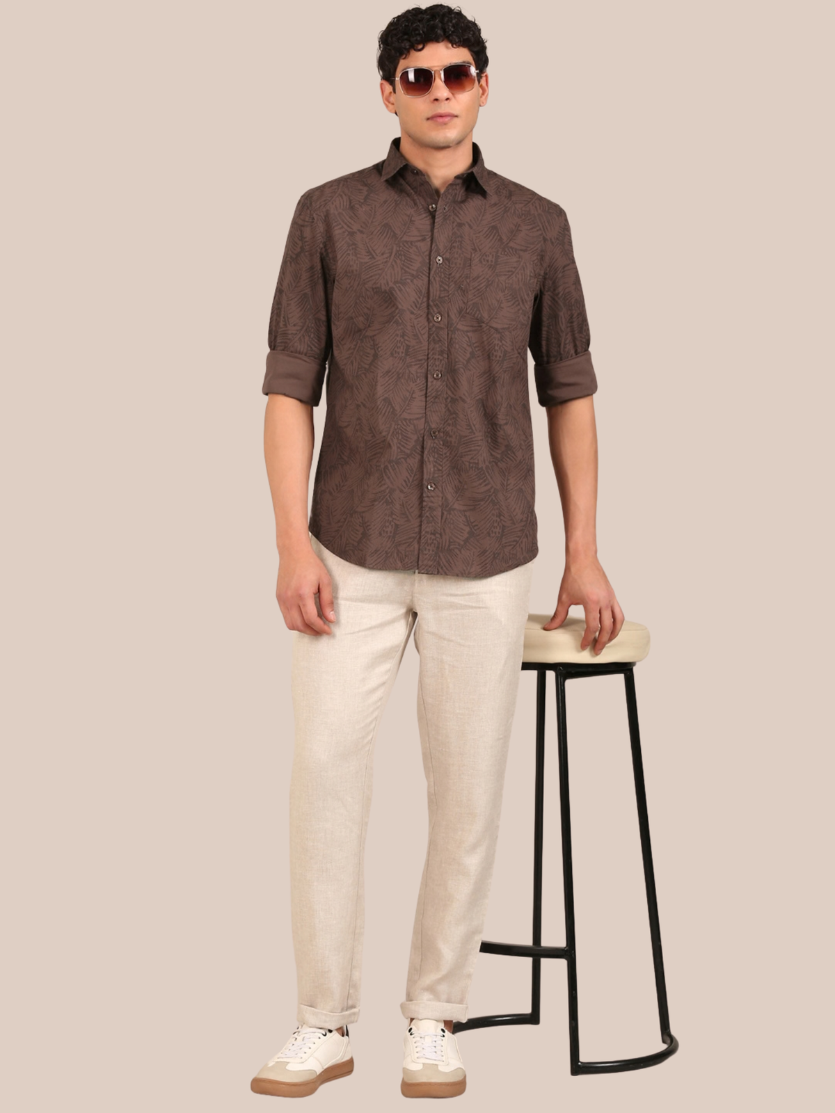 Cotton Leaf Print Shirt: Cocoa Brown