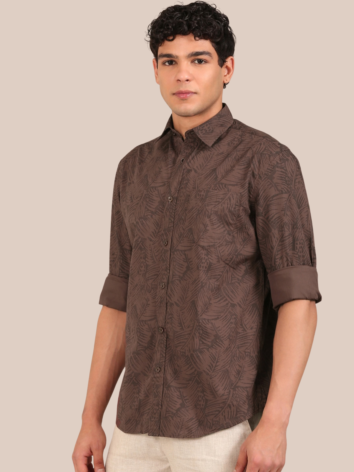Cotton Leaf Print Shirt: Cocoa Brown