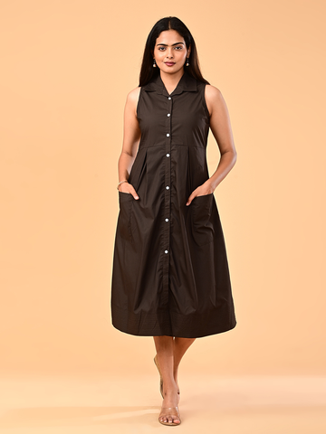 Women’s Espresso Brown Sleeveless Collared Midi Dress