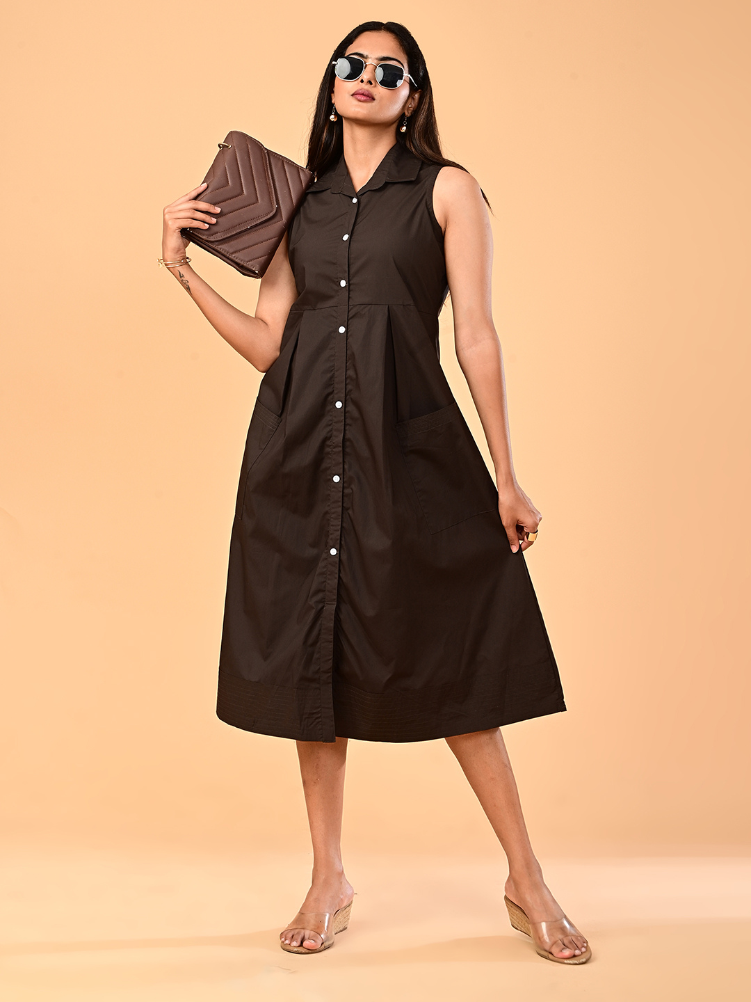 Women’s Espresso Brown Sleeveless Collared Midi Dress