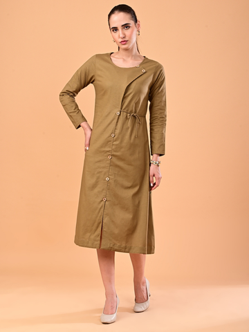 Women’s Golden Khaki Long Sleeve Tie-Waist Midi Dress