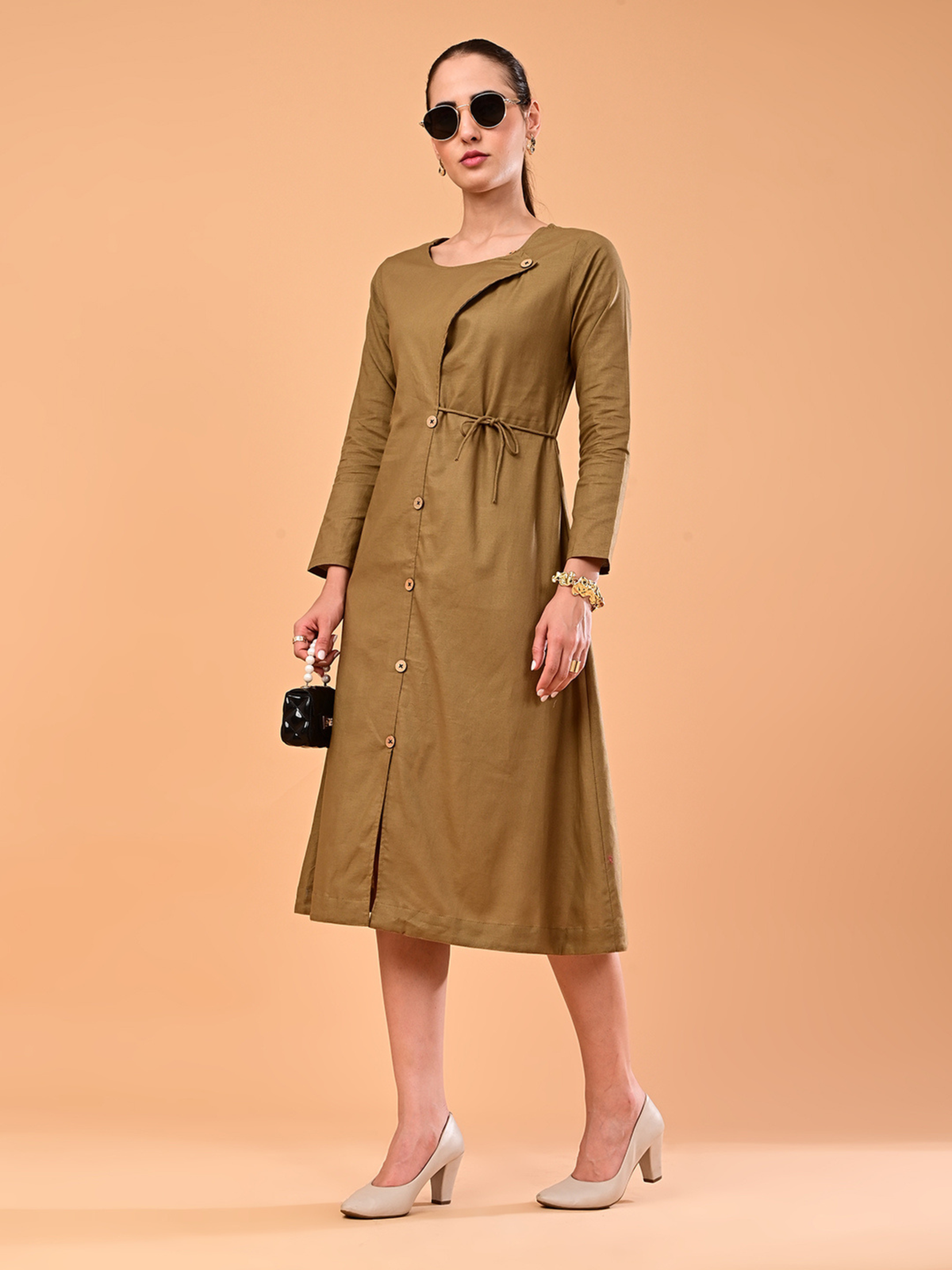 Women’s Golden Khaki Long Sleeve Tie-Waist Midi Dress