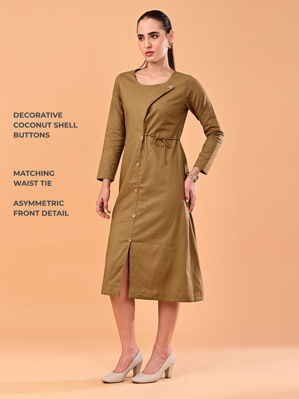 Women’s Golden Khaki Long Sleeve Tie-Waist Midi Dress