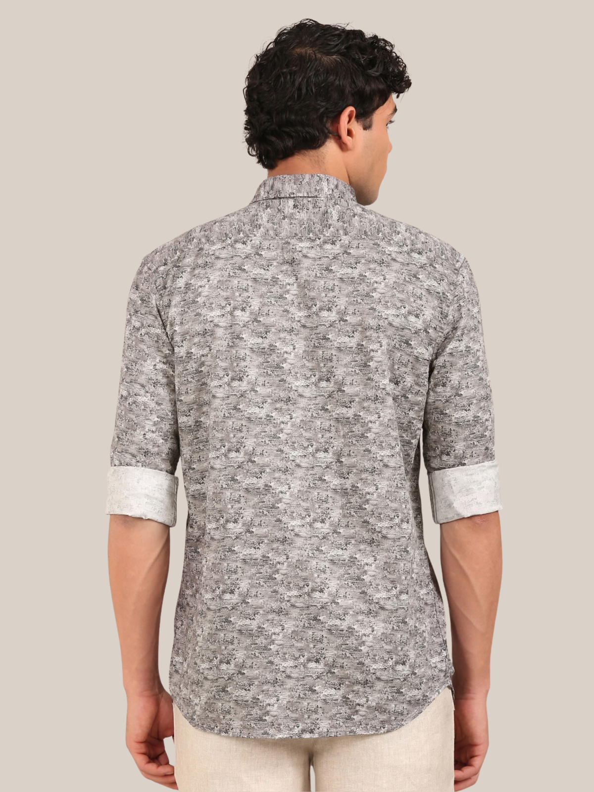 Cotton Satin Abstract Print Shirt: Grey