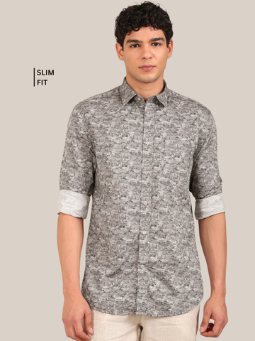 Cotton Satin Abstract Print Shirt: Grey