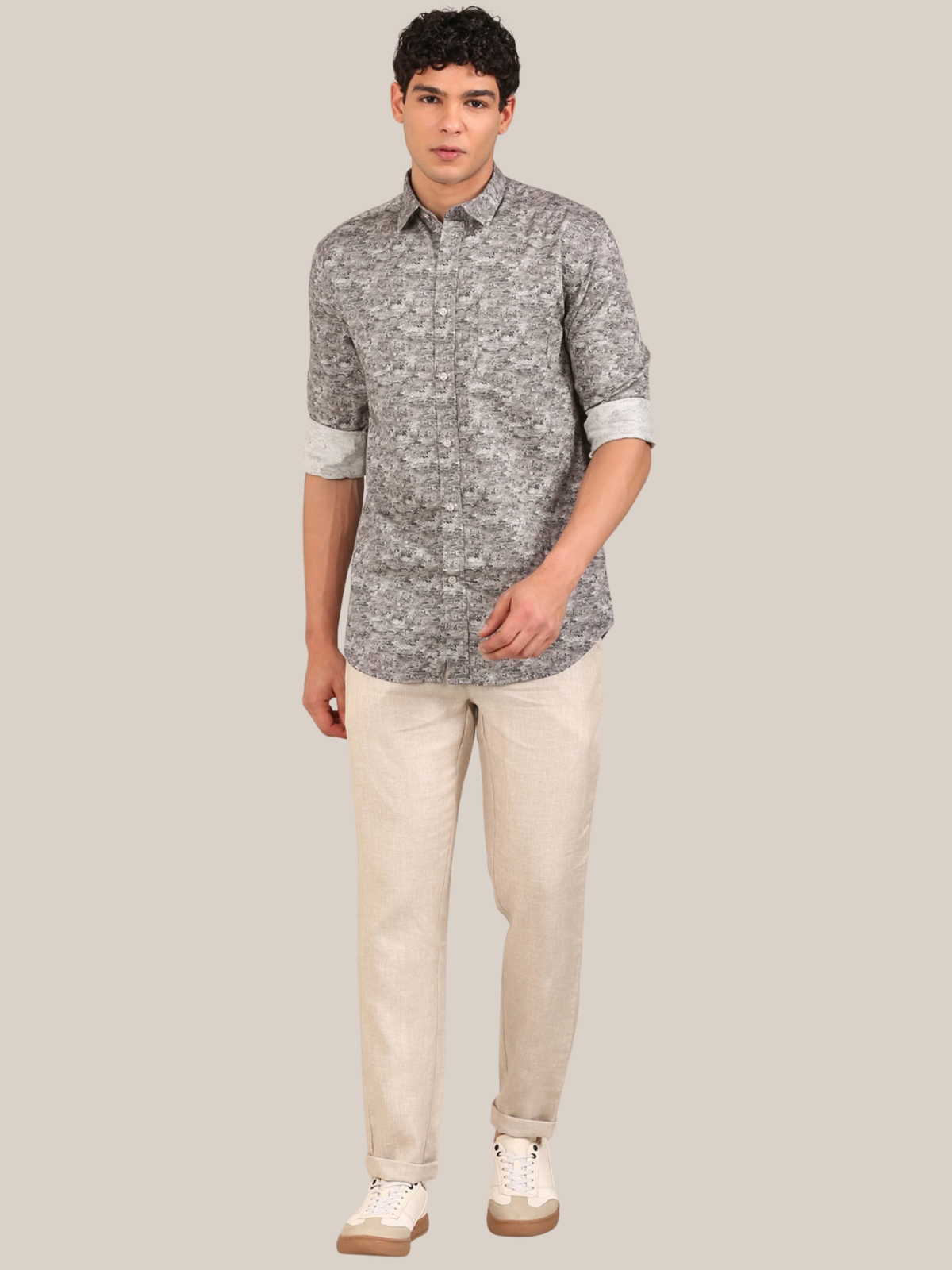 Cotton Satin Abstract Print Shirt: Grey