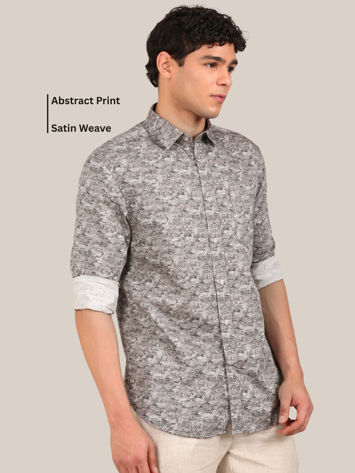 Cotton Satin Abstract Print Shirt: Grey