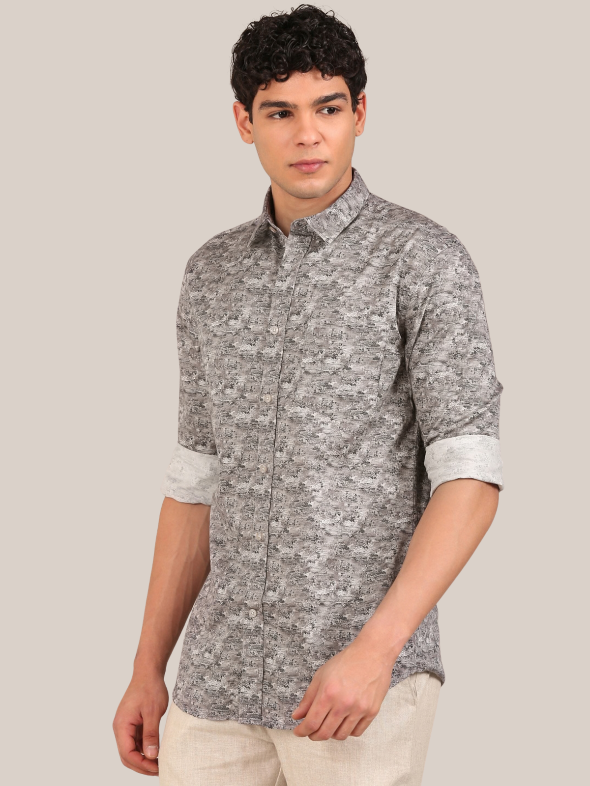 Cotton Satin Abstract Print Shirt: Grey