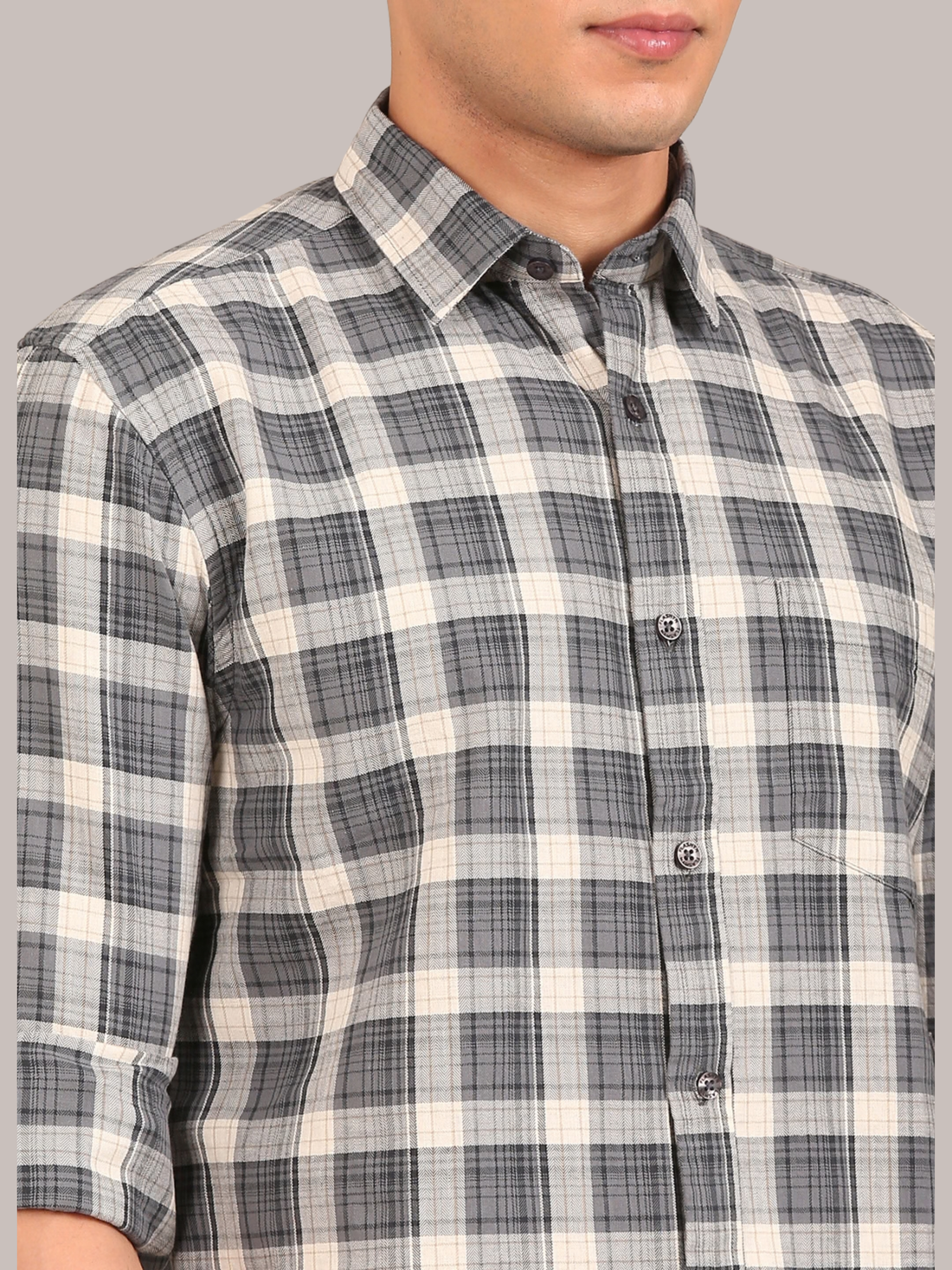 Cotton Checks Shirt: Charcoal Grey & Cream