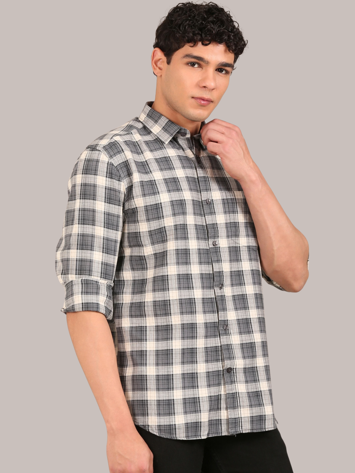 Cotton Checks Shirt: Charcoal Grey & Cream