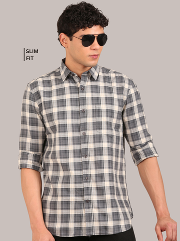 Cotton Checks Shirt: Charcoal Grey & Cream