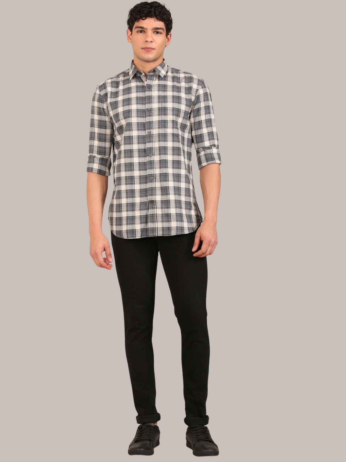 Cotton Checks Shirt: Charcoal Grey & Cream