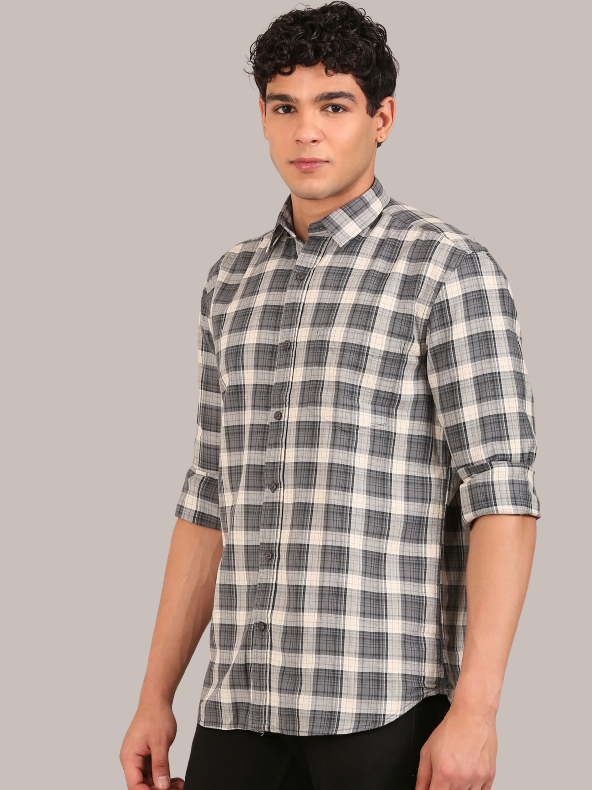 Cotton Checks Shirt: Charcoal Grey & Cream