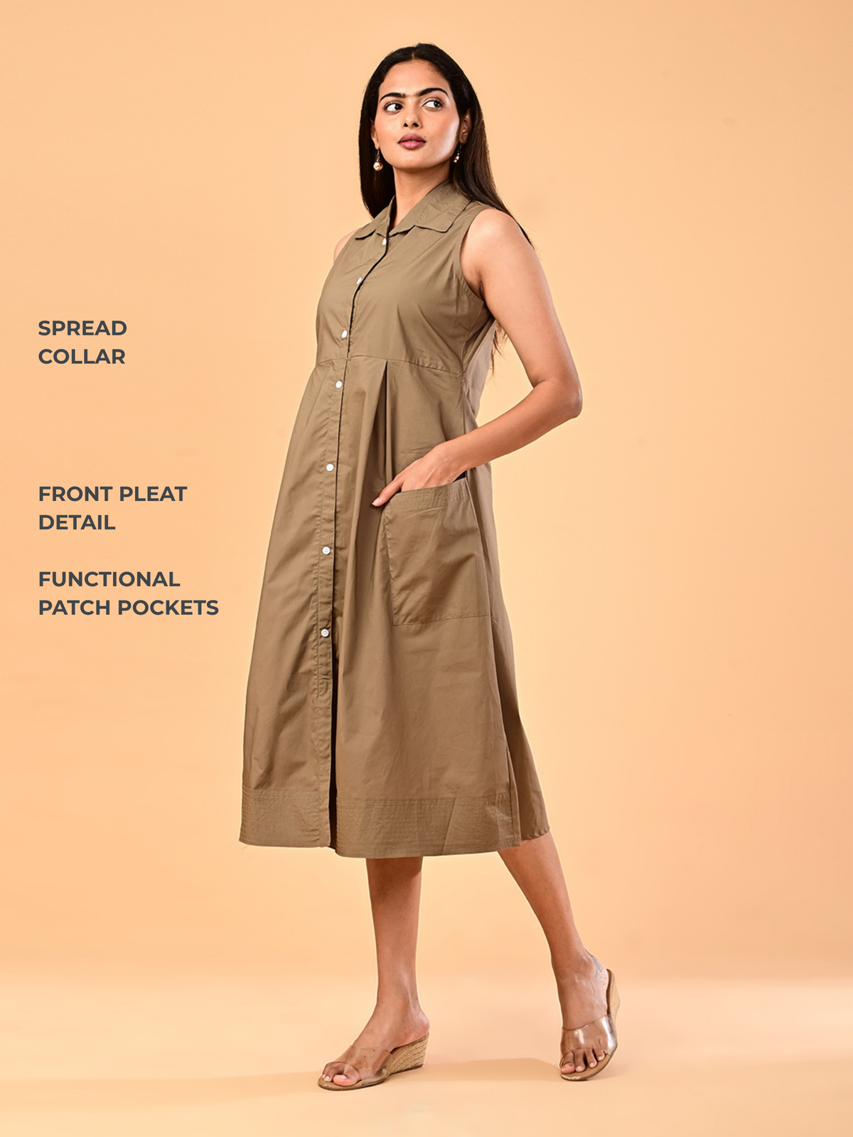 Women’s Khaki Brown Sleeveless Collared Midi Dress