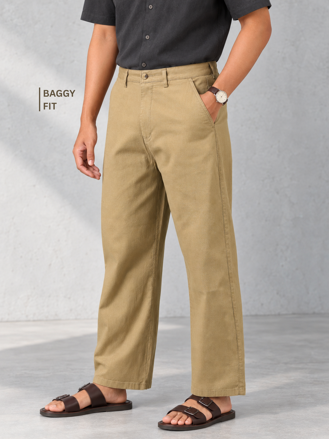 Linen Blend Baggy Pant: Khaki