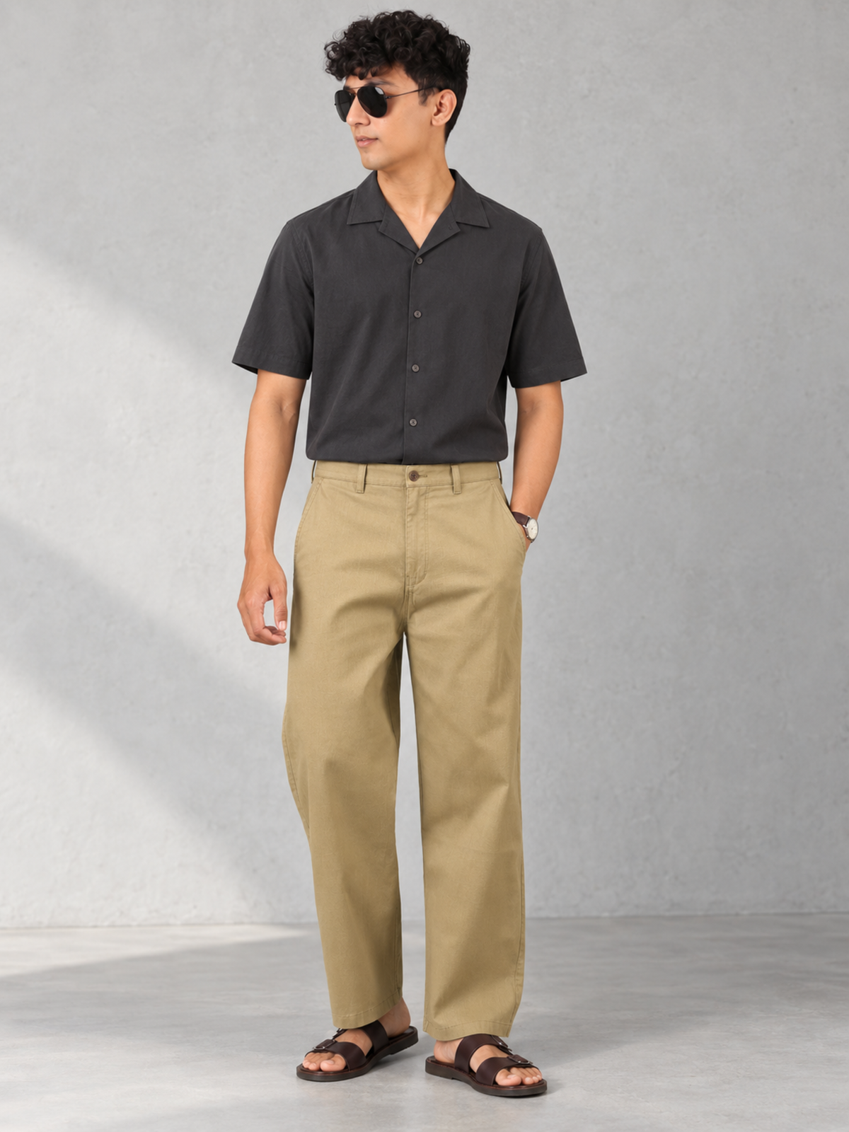 Linen Blend Baggy Pant: Khaki