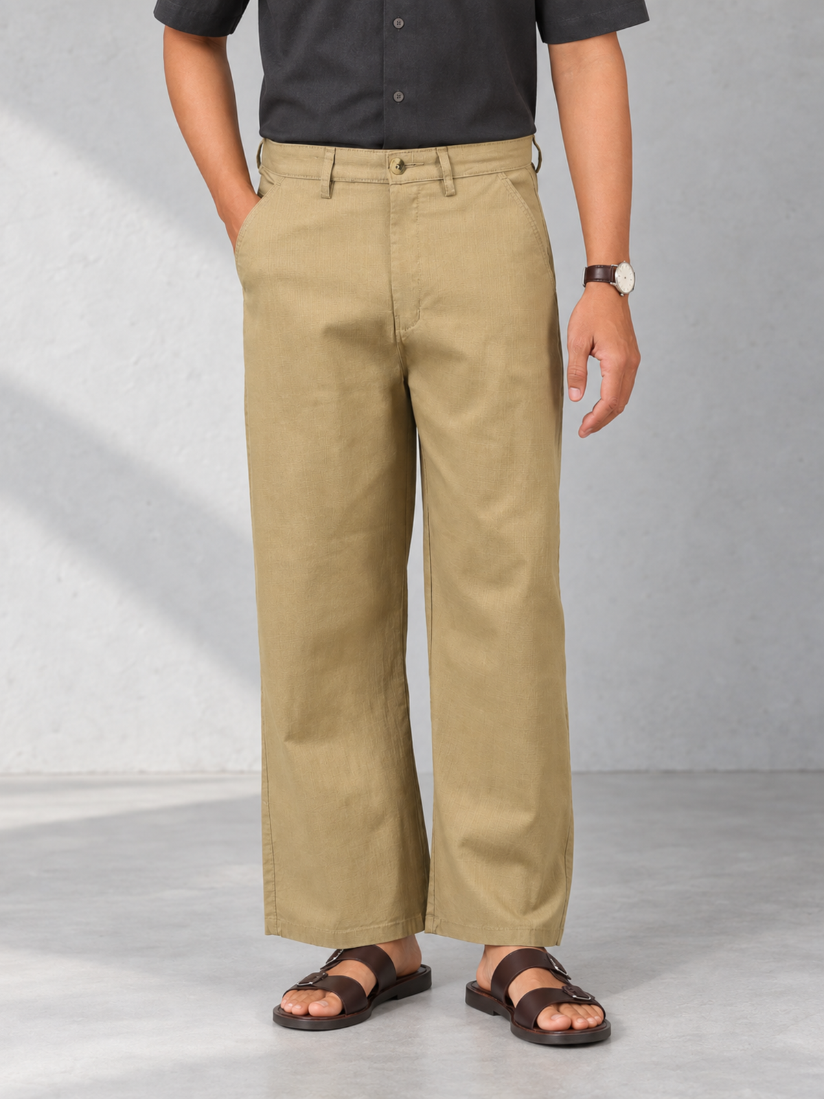 Linen Blend Baggy Pant: Khaki
