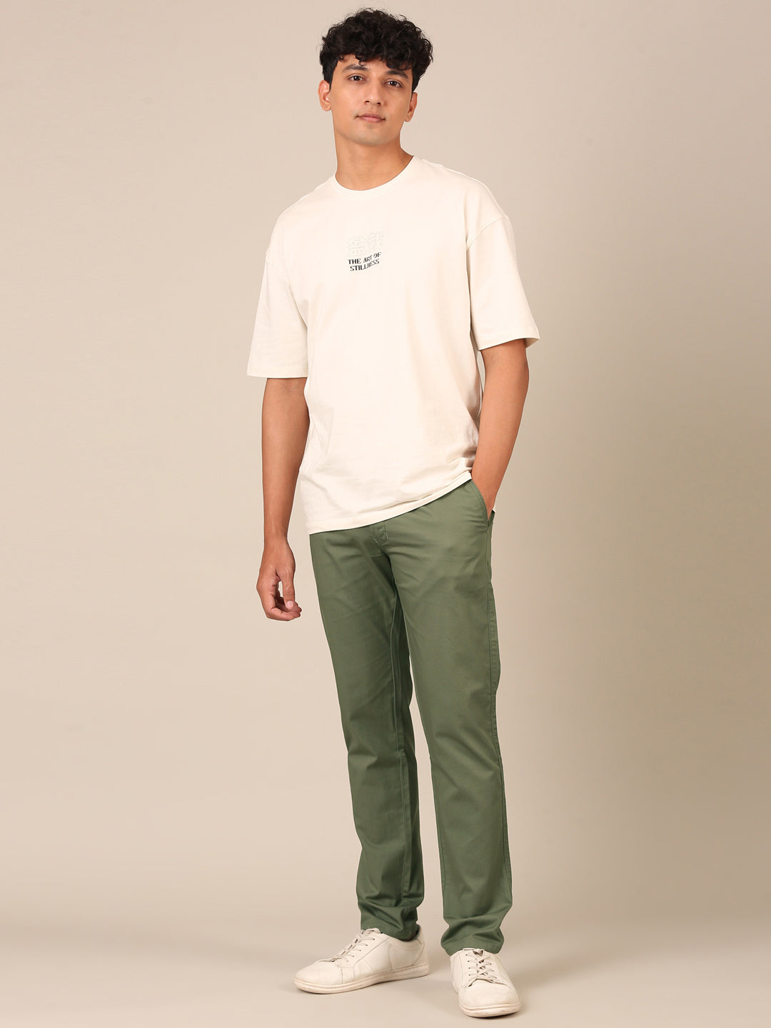 Cotton Slim Fit Pant: Muted Olive Green