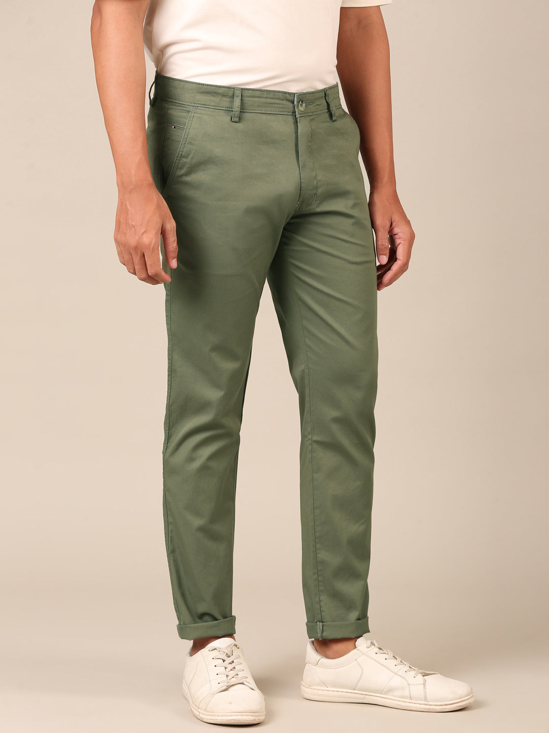 Cotton Slim Fit Pant: Muted Olive Green