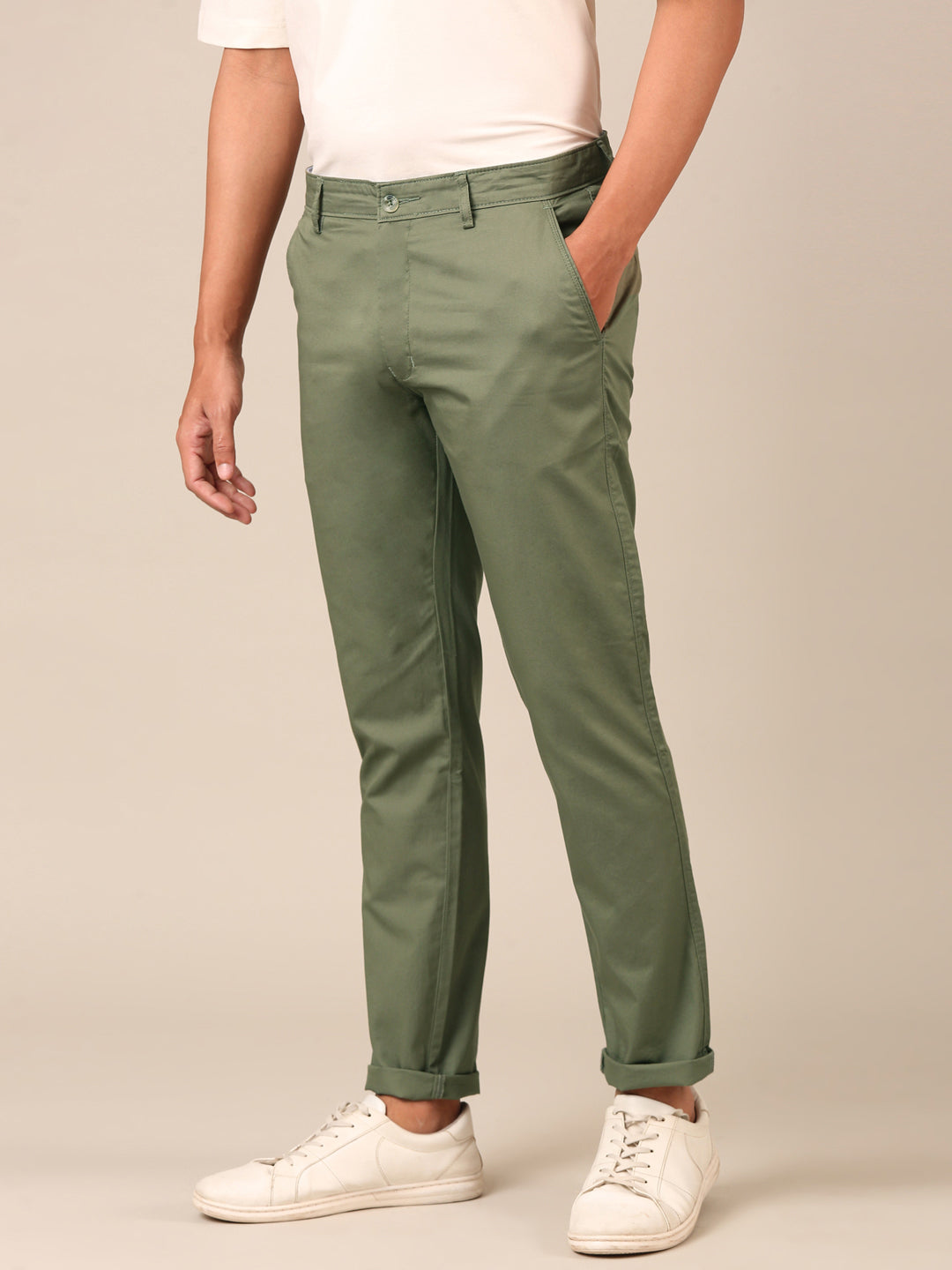 Cotton Slim Fit Pant: Muted Olive Green