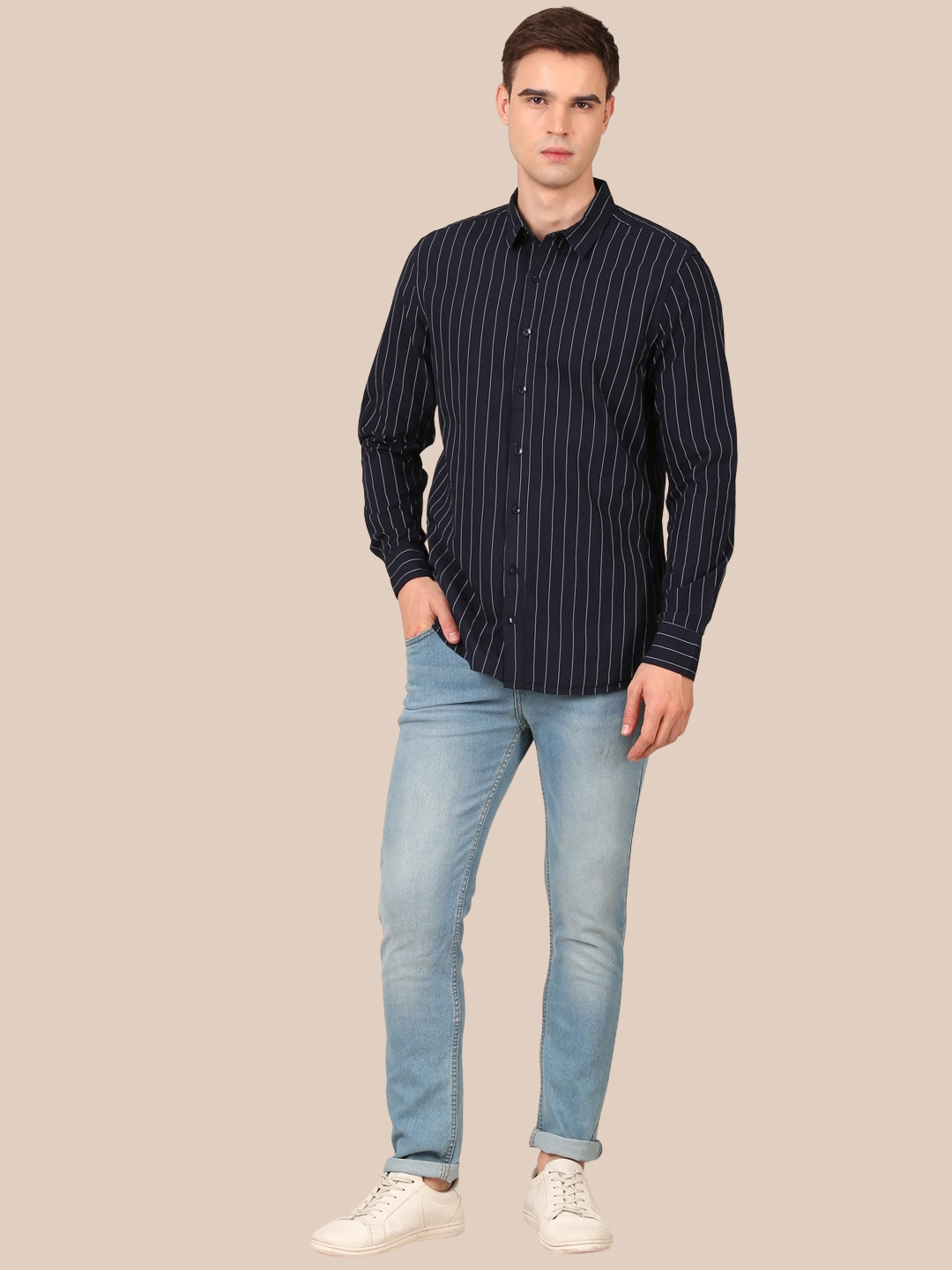 Cotton Stripes Shirt: Navy Blue