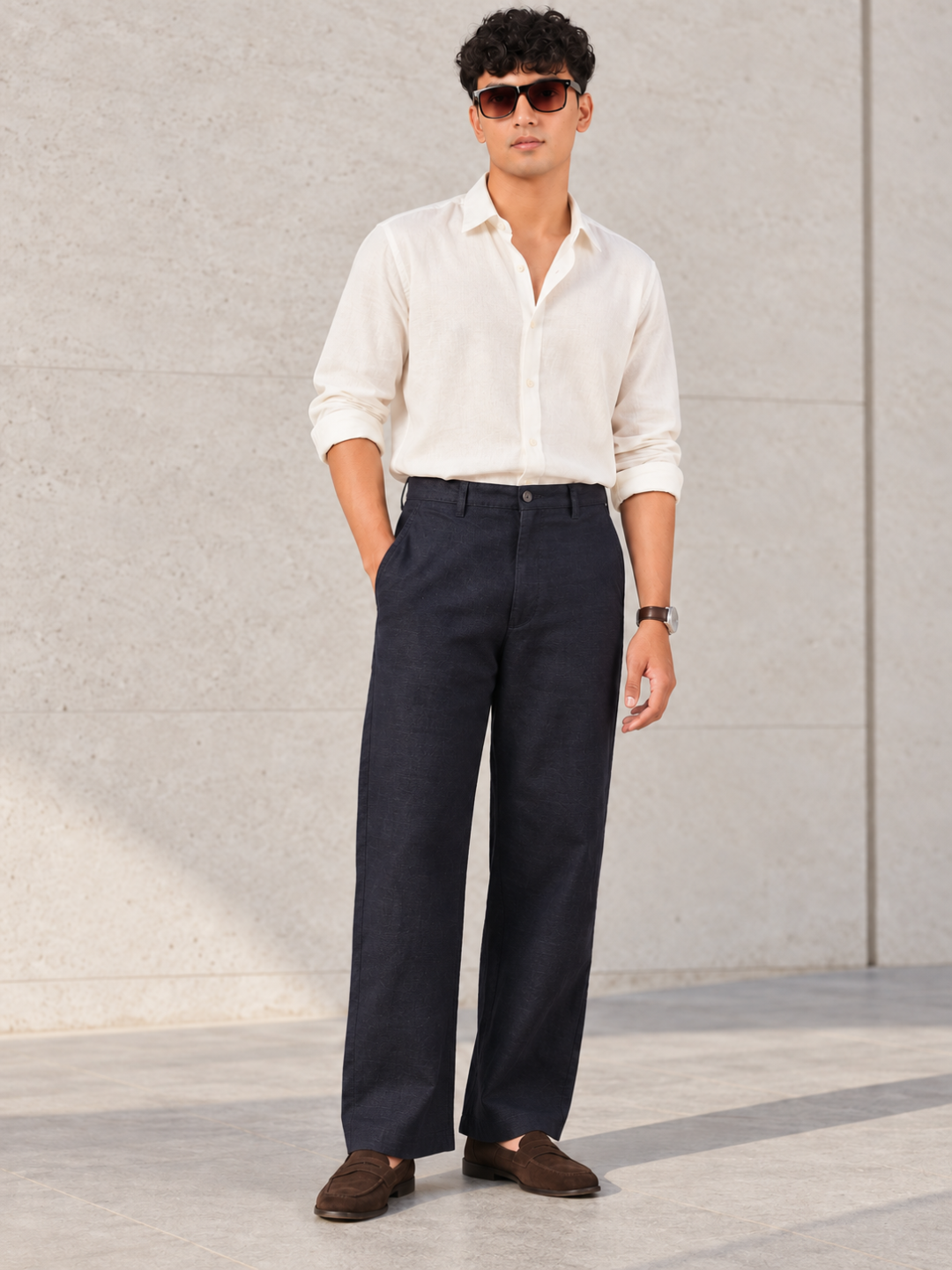 Linen Blend Baggy Pant: Navy Blue