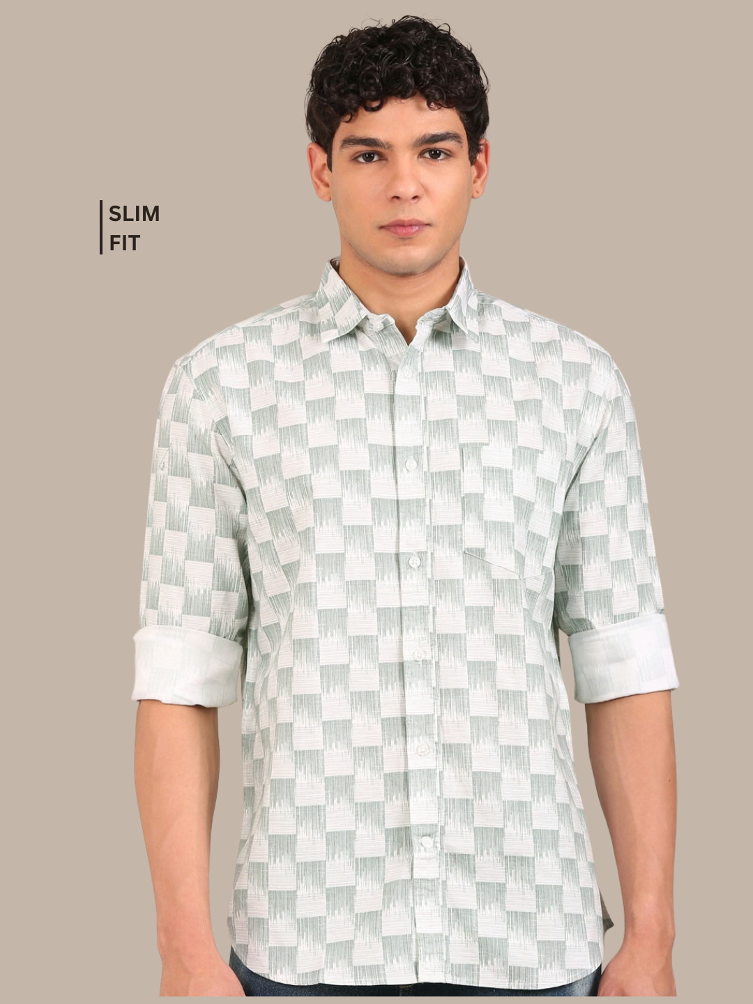 Cotton Oxford Print Shirt: White & Sage Green