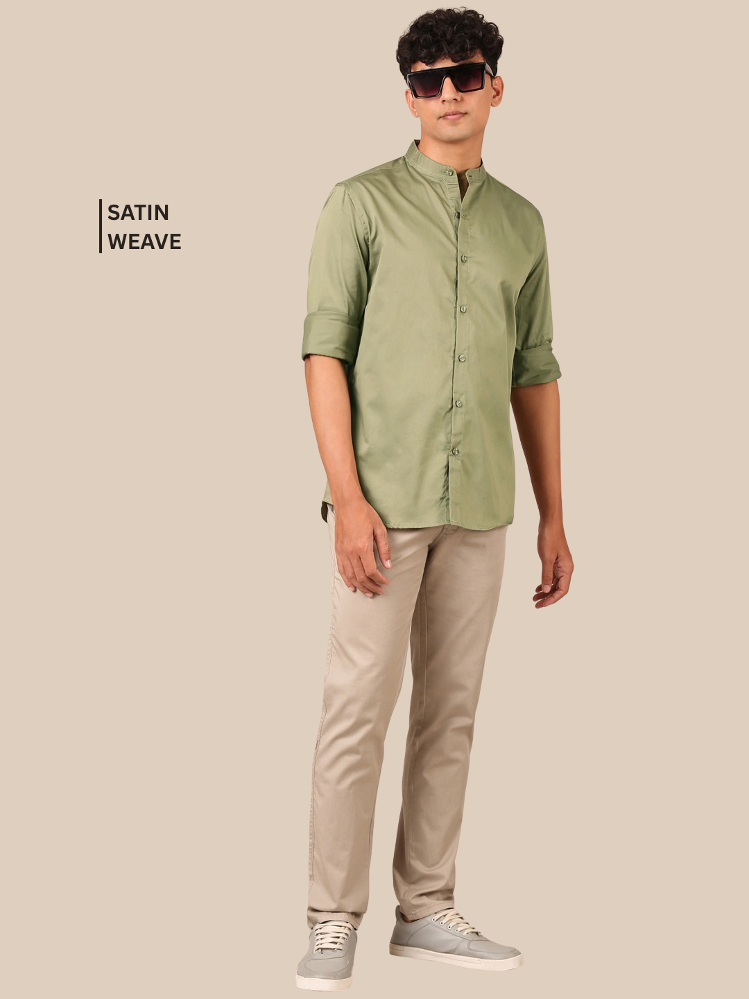 Cotton Satin Shirt: Light Olive Green