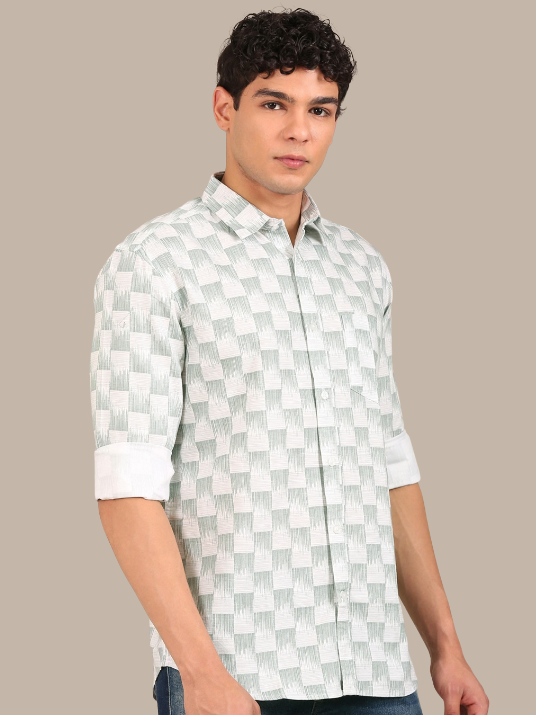 Cotton Oxford Print Shirt: White & Sage Green