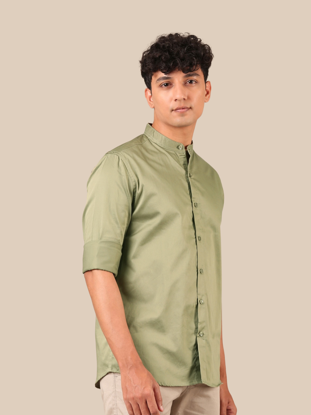 Cotton Satin Shirt: Light Olive Green