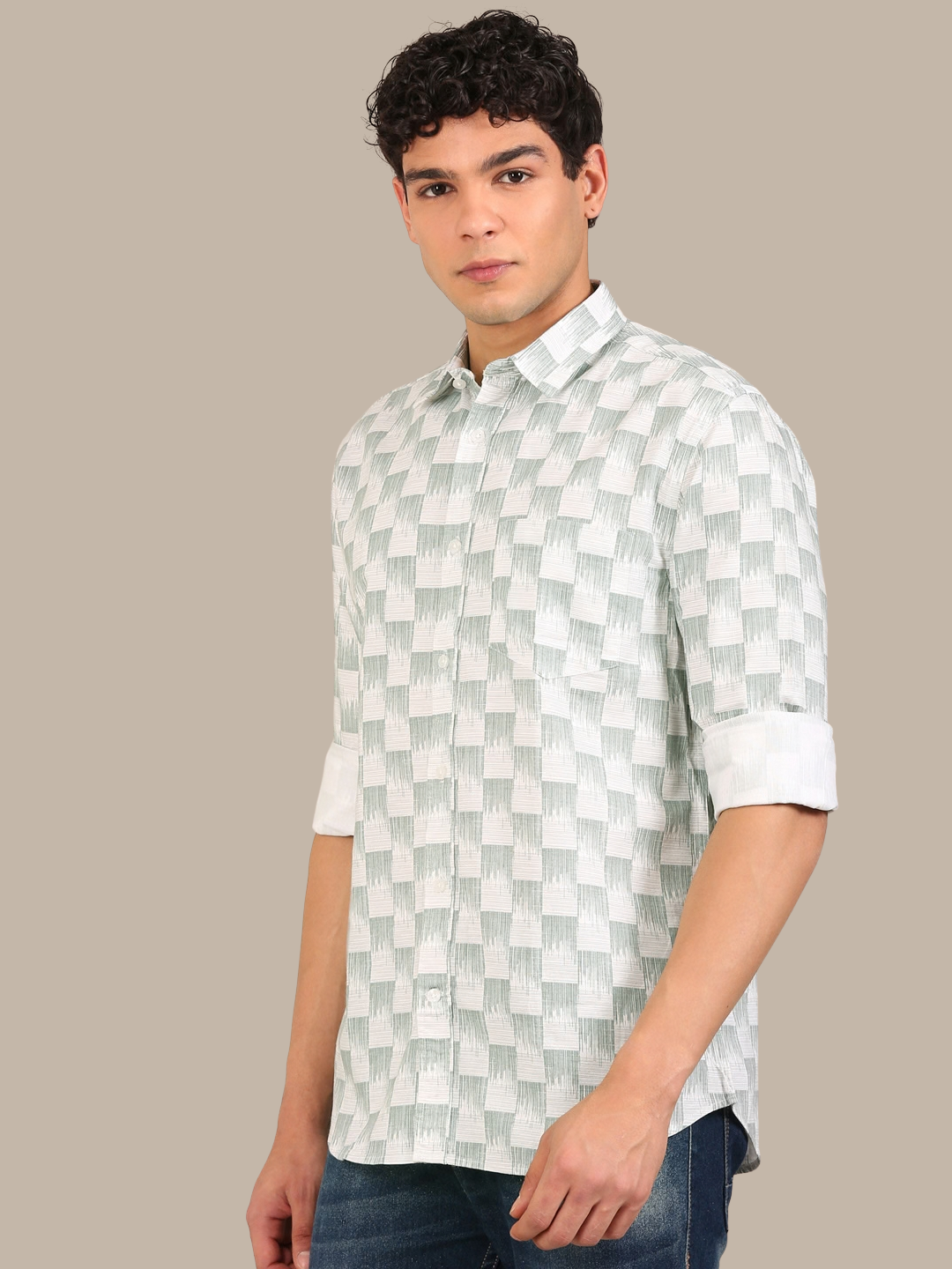 Cotton Oxford Print Shirt: White & Sage Green
