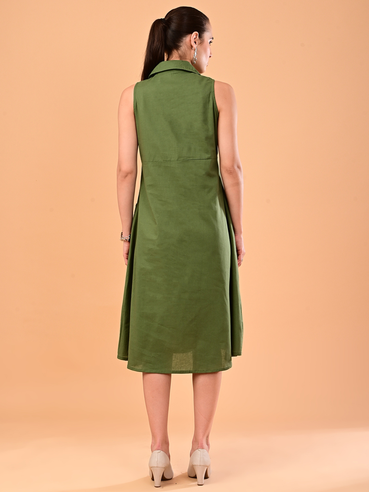 Women’s Olive Green Sleeveless Collared Midi Dress