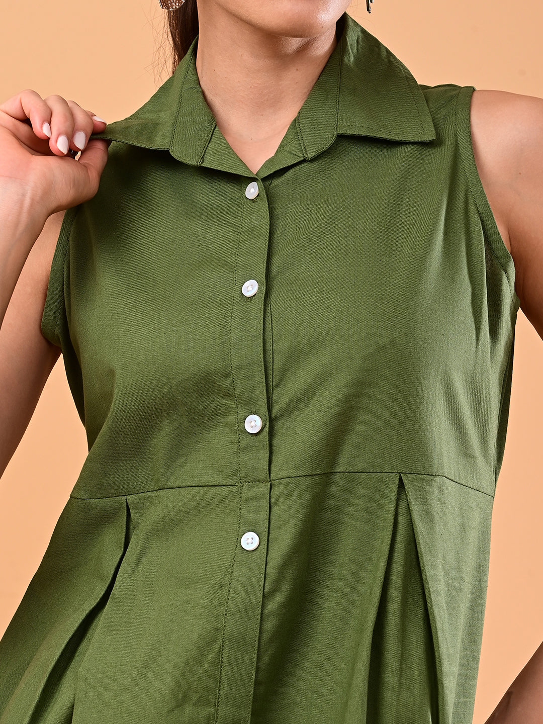 Women’s Olive Green Sleeveless Collared Midi Dress