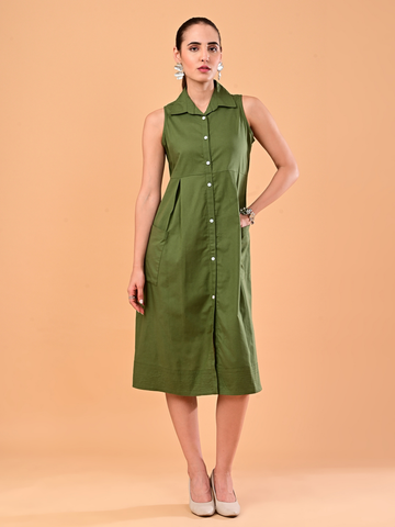 Women’s Olive Green Sleeveless Collared Midi Dress