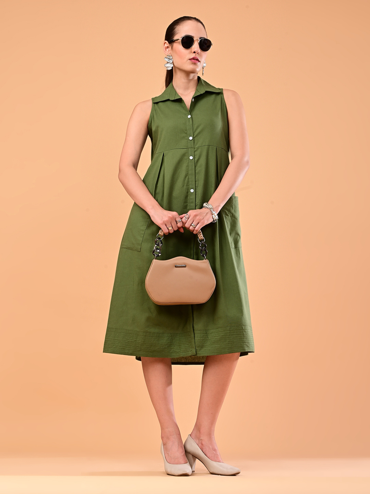 Women’s Olive Green Sleeveless Collared Midi Dress