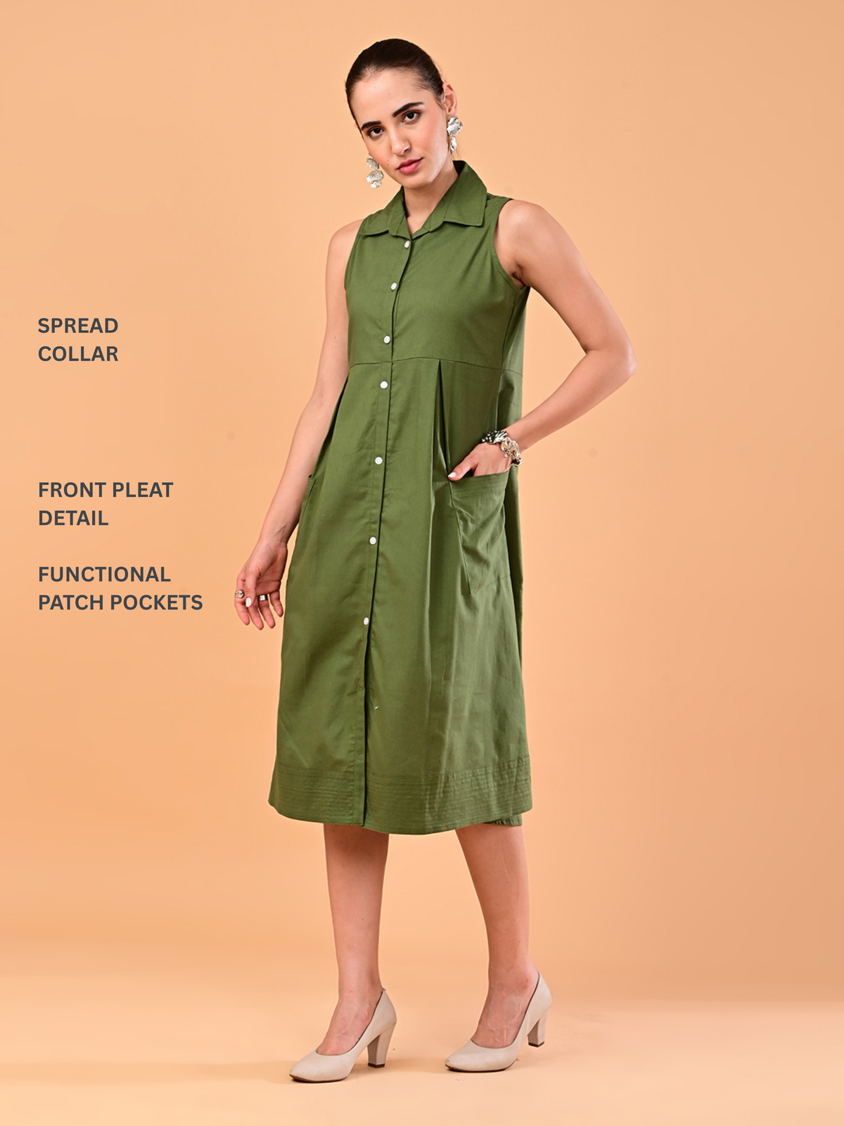 Women’s Olive Green Sleeveless Collared Midi Dress