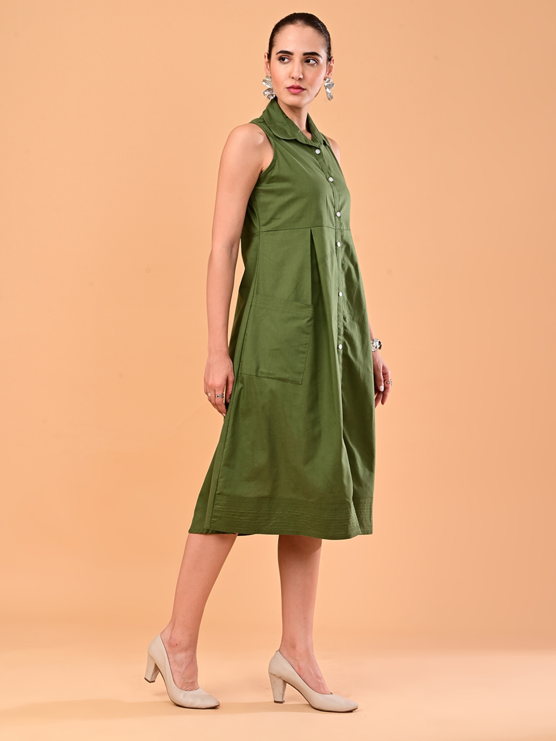 Women’s Olive Green Sleeveless Collared Midi Dress