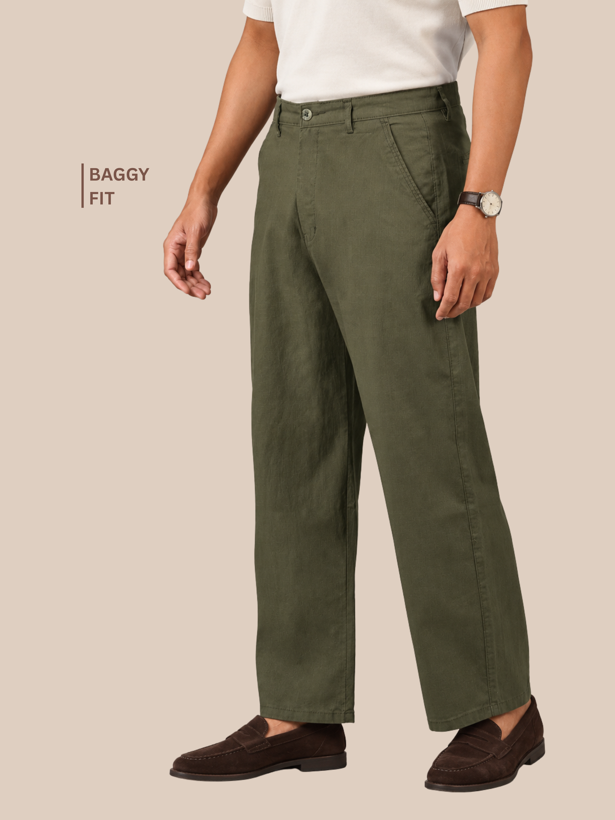 Linen Blend Baggy Pant: Olive Green