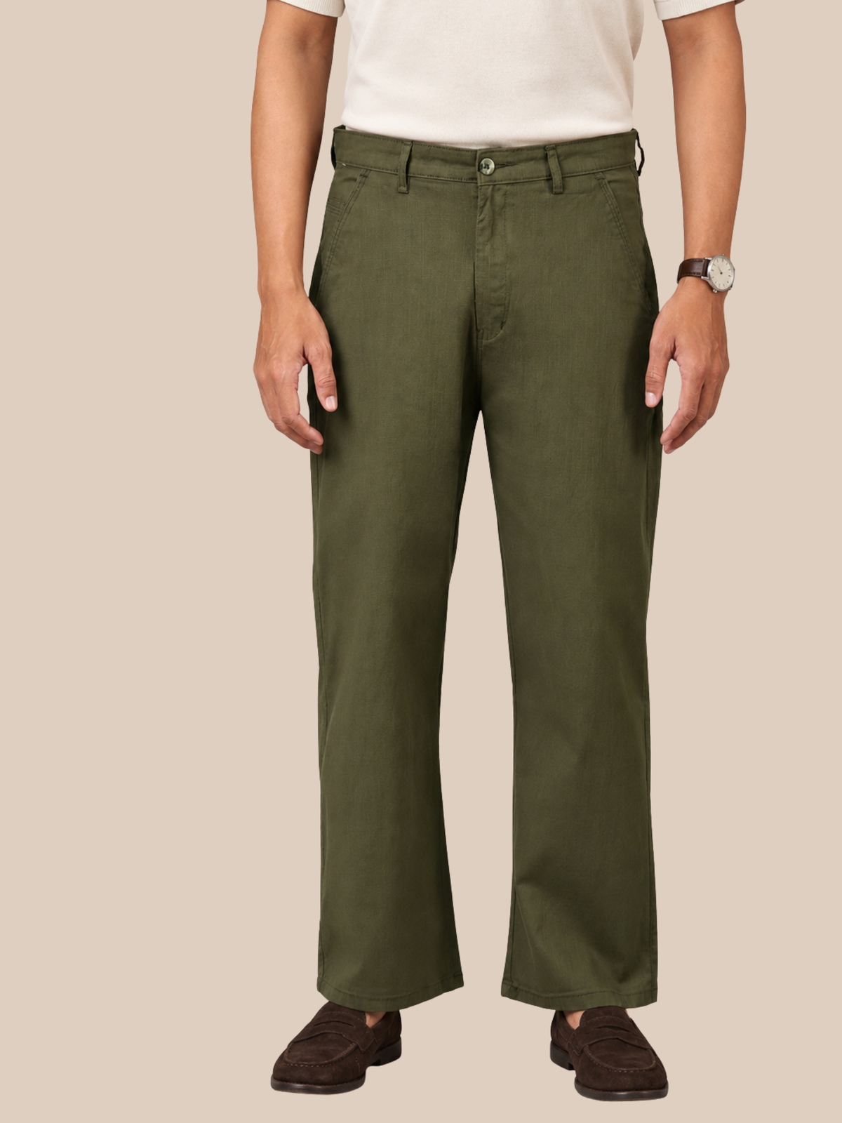 Linen Blend Baggy Pant: Olive Green