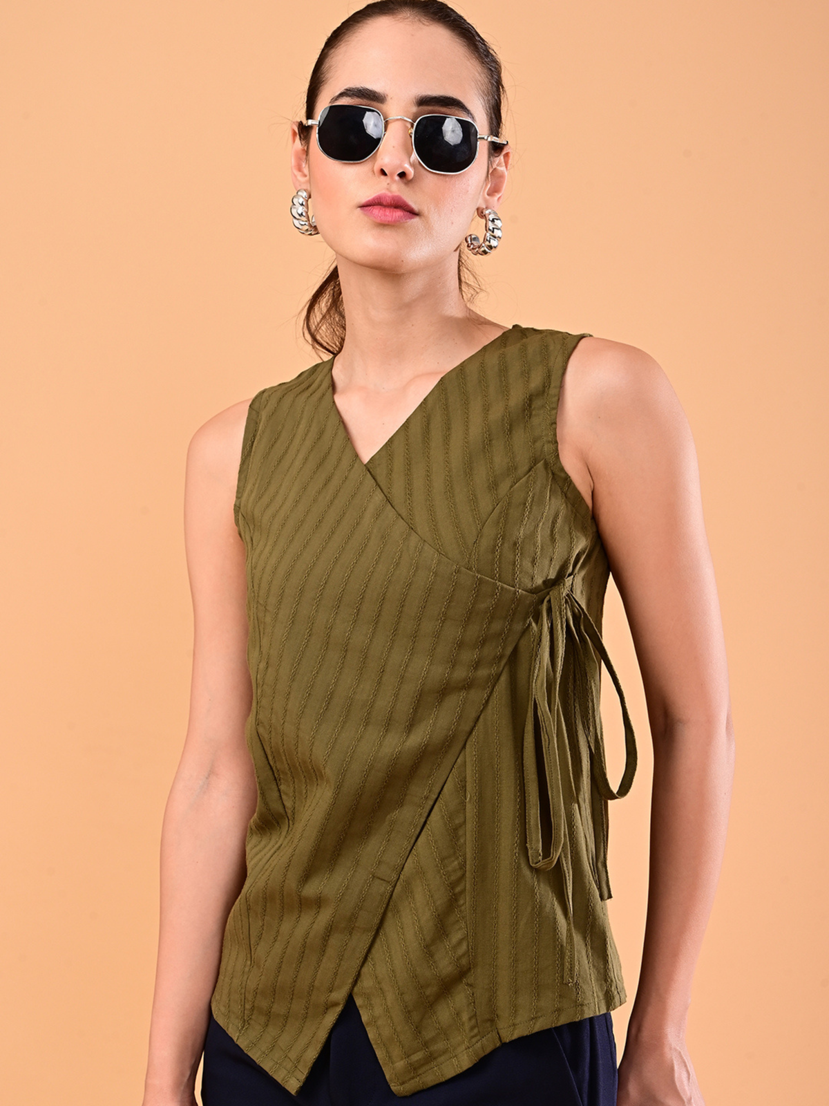 Women’s Olive Green Textured Side-Tie Wrap Top