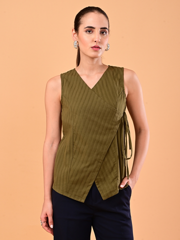 Women’s Olive Green Textured Side-Tie Wrap Top
