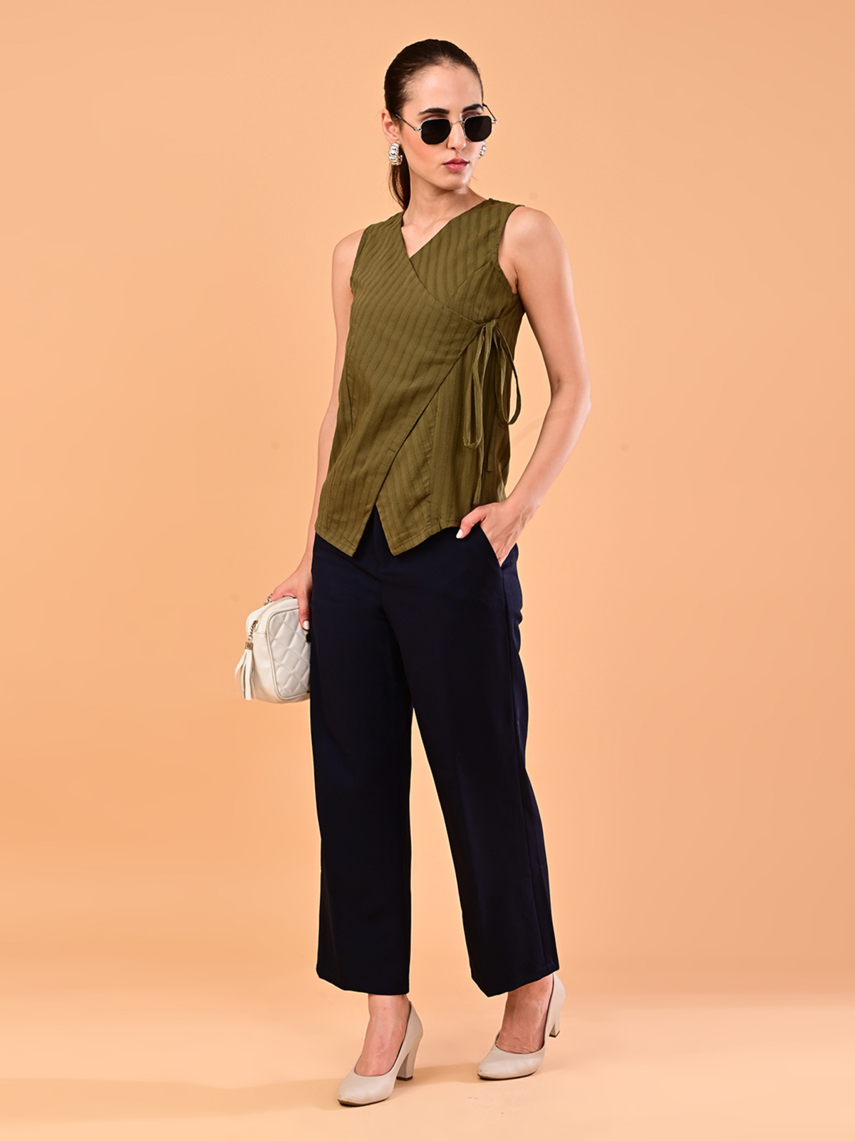 Women’s Olive Green Textured Side-Tie Wrap Top