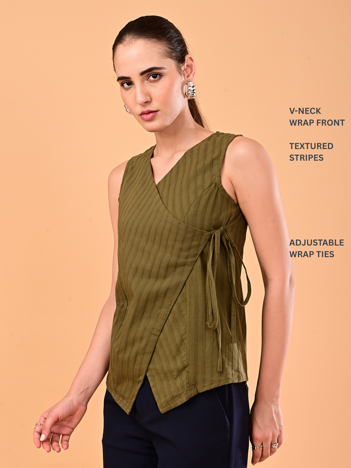 Women’s Olive Green Textured Side-Tie Wrap Top